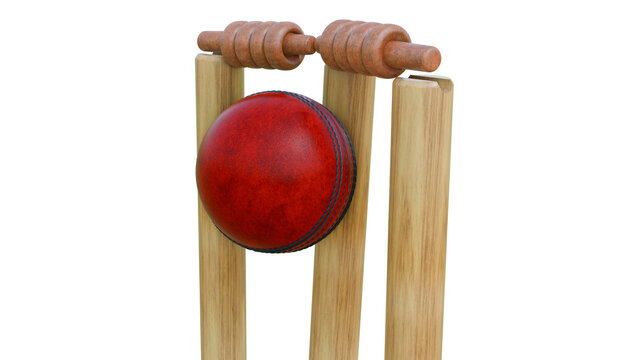 A high‑resolution sports image photo capturing the dramatic moment when a red leather cricket ball with seam detail strikes wooden stumps, dislodging the bails mid‑air.