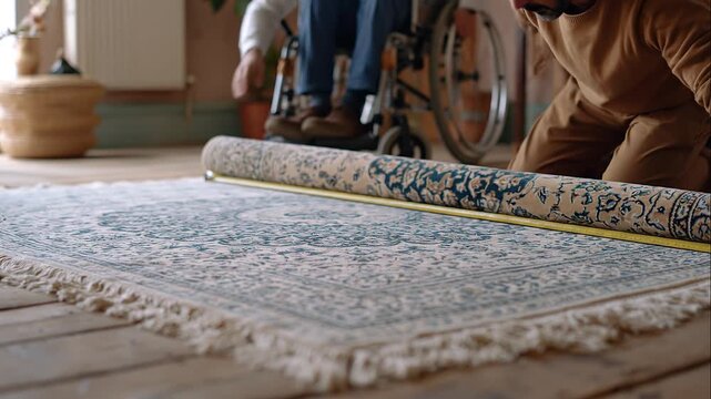 Iranian carpet merchant unrolls intricate medallion rug across modest living room floor, accessibility consultant in wheelchair beside him measuring clearance with tape, single