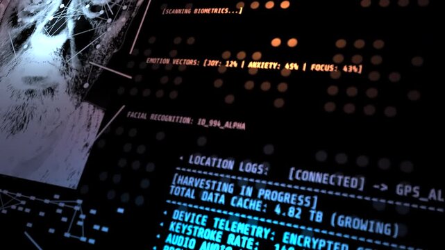 Futuristic cybersecurity HUD interface analyzing biometric data, facial recognition, and emotional states. Ideal for sci-fi UI backgrounds and tech presentations.