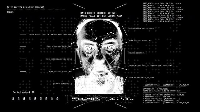 Seamless looping HUD animation of AI facial recognition and biometric analysis, illustrating identity verification, cyber intelligence, and modern digital surveillance systems.