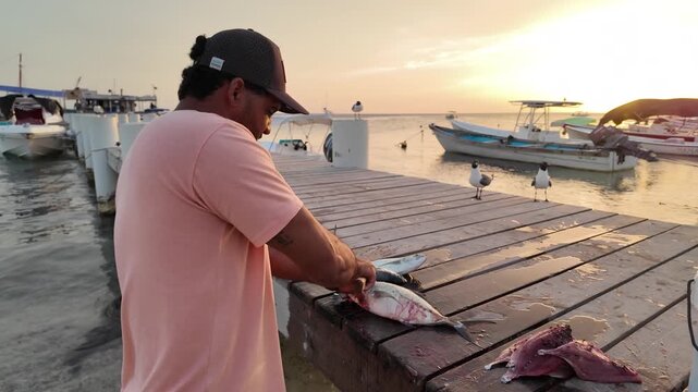 Authentic glimpse into traditional island life as a fisherman prepares his daily catch on a dock, accompanied by hungry seagulls at dusk.