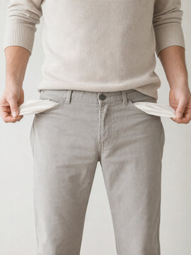 Man showing empty pockets. Concept of financial crisis, bankruptcy and lack of money. Economic trouble and debt problem for business or individual budget planning and personal finance.