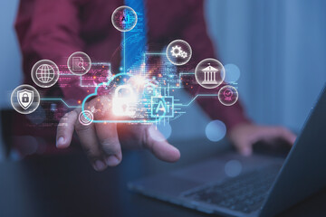 Fototapeta premium Businessman Utilizing Artificial Intelligence for Cloud Cybersecurity Management, Advanced Data Protection, and Secure Network Infrastructure.