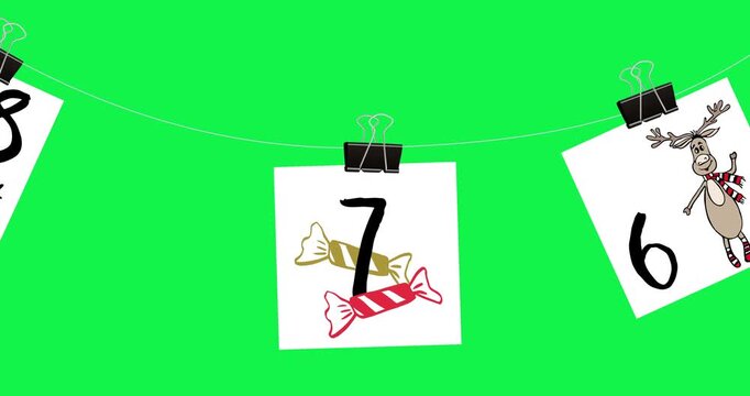 Advent calendar on green. Animated advent calendar pages numbered 1 to 25 and hand-drawn winter illustrations hang on binders on rope, moving left to right. Christmas 4K graphic animation countdown