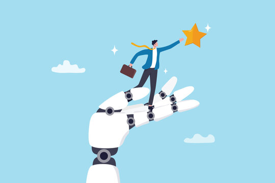 Technology to support business to achieve success, AI or artificial intelligence help employee to raise performance or skill succeed, robot AI hand help support businessman to reach star achievement.