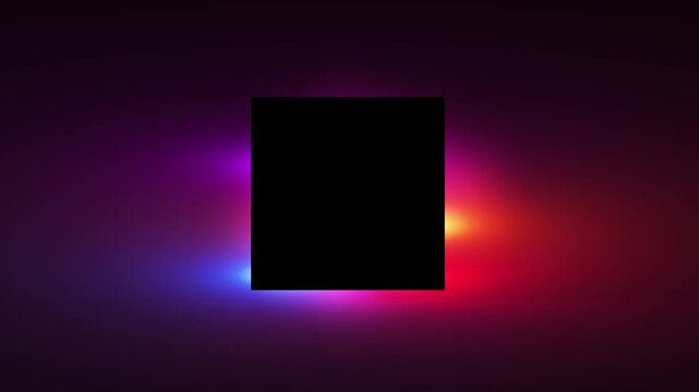 Colorful glowing square background red, blue, purple, and yellow light spill around black center. for modern promos, product displays, music videos, abstract intros, social graphics, motion overlays.