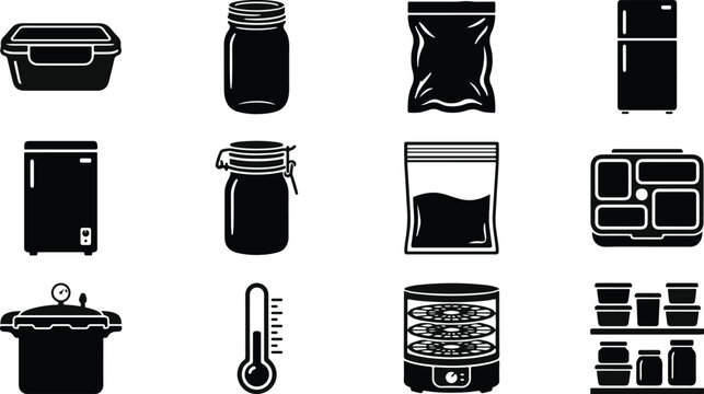 Food preservation and storage icon set kitchen appliances and jars