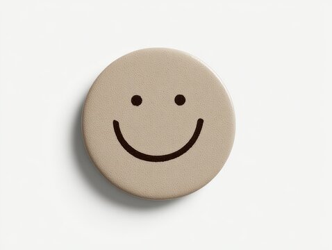 Minimalist beige button with a simple black smiley face icon