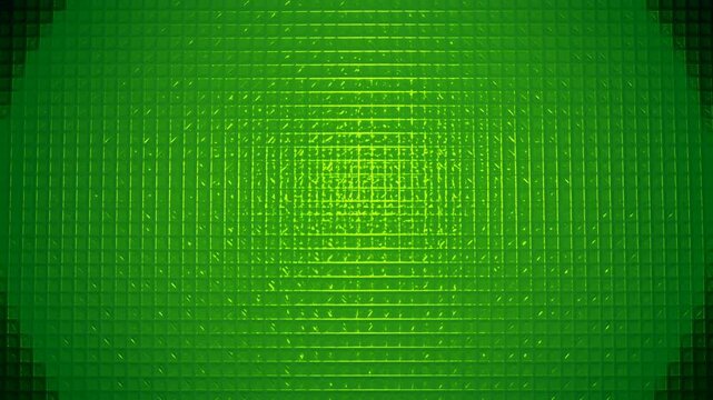 Neon green circular grid panel brightening and aligning into sharper square cells over black speckled backdrop with layered bands, glowing core, geometric contrast and digital texture