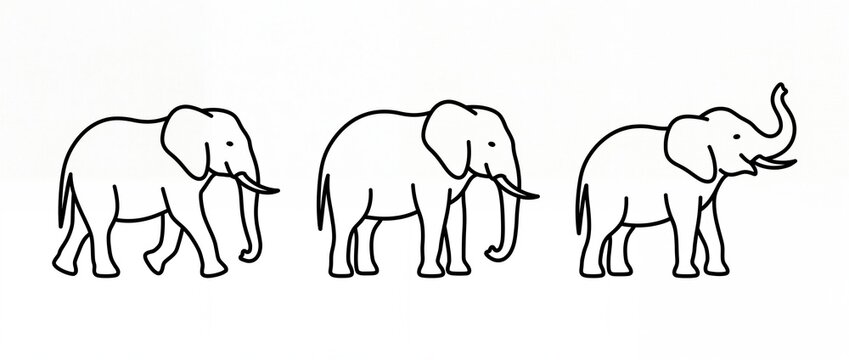 Sequential artistic line drawings of elephants showing evolution from walking to trumpeting with illustrations with illustrations