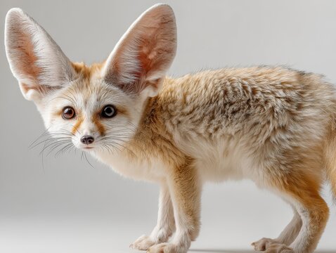 A fennec fox with large ears standing against a neutral background