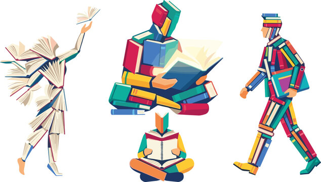 Surreal Human Figures Made of Open Books Illustrating Reading, Education, Literature, Knowledge, Abstract Art, and World Book Day Vector Concepts
