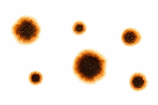 Collection of various sized burn marks on a white background, isolated for design elements.