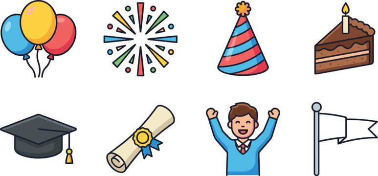 Celebration, Party, and Graduation Event Vector Line Icon Set Isolated on White Background
