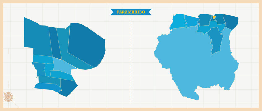 Paramaribo District Highlighted in Suriname Map, Modern Suriname and Paramaribo Administrative Map, Colorful High Detailed Vector with Geographical Borders