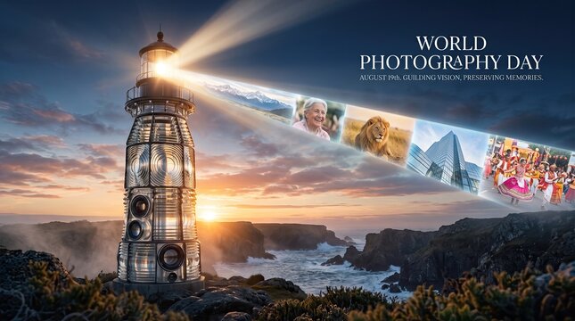 World photography day lighthouse sending beam of photo strip frames over ocean water at sunset banner