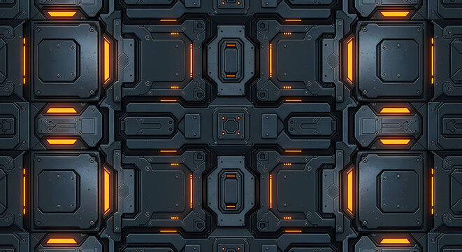 Abstract futuristic dark metallic wall texture with glowing orange neon lights.
