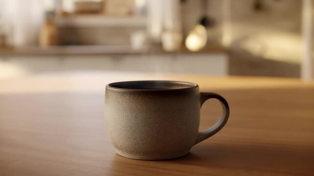 Steaming hot cup of coffee in a ceramic mug on a wooden table with soft sunlight in a cozy kitchen background