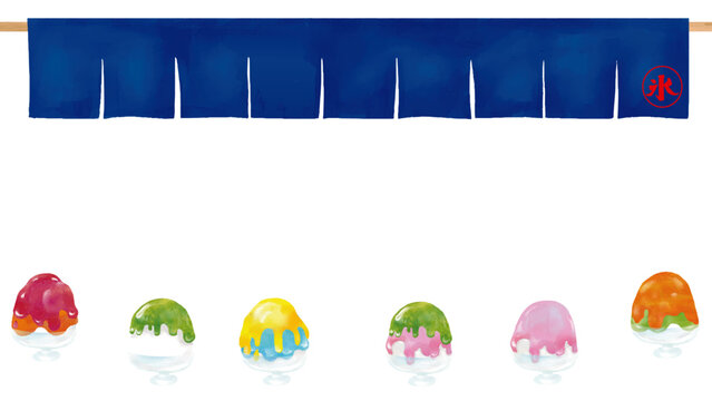 水彩風　かき氷屋さんのフレーム２（紺色ののれん）Summer Series:Watercolor-style shaved ice shop frame (navy blue noren curtain)