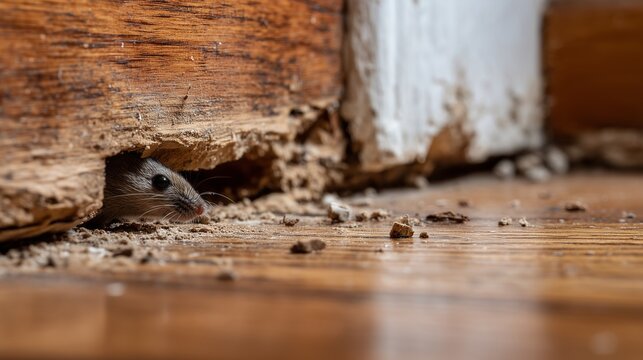 Mouse peeking through damaged wood with debris, showing rodent entry point, pest control risk, and the need for exclusion and sealing.