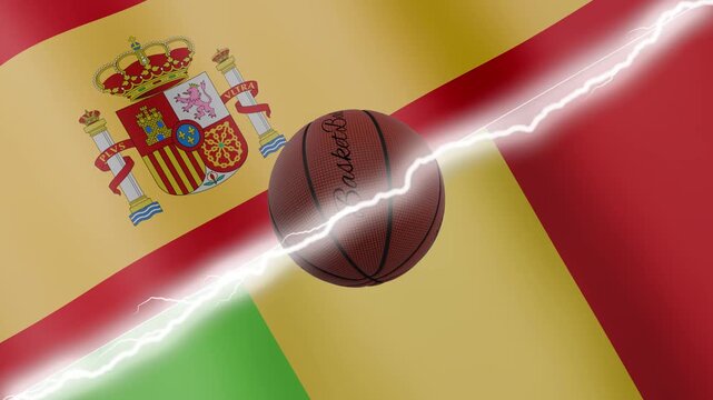 Spinning basketball ball against waving flags Mali and Spain separated by a diagonal electric effect, seamless 4k loop