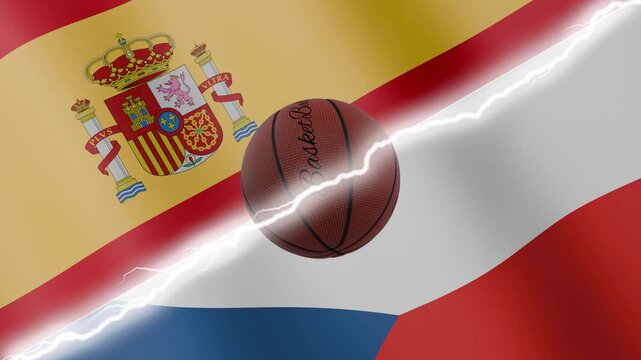 Spinning basketball ball against waving flags Czechia and Spain separated by a diagonal electric effect, seamless 4k loop