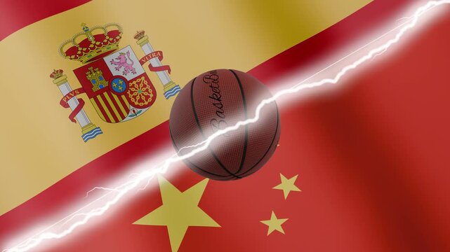 Spinning basketball ball against waving flags China and Spain separated by a diagonal electric effect, seamless 4k loop