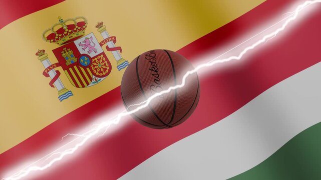 Spinning basketball ball against waving flags Hungary and Spain separated by a diagonal electric effect, seamless 4k loop