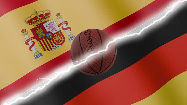 Spinning basketball ball against waving flags Germany and Spain separated by a diagonal electric effect, seamless 4k loop