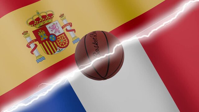 Spinning basketball ball against waving flags France and Spain separated by a diagonal electric effect, seamless 4k loop