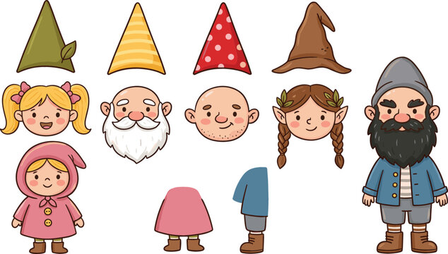 Cute Gnome Character Construction Kit Vector Set with Interchangeable Heads, Pointy Hats, Beards, and Outfits for Kids Fairy Tale Game Assets