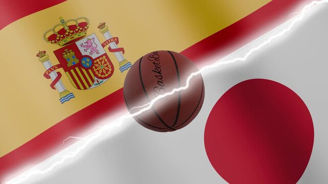 Spinning basketball ball against waving flags Japan and Spain separated by a diagonal electric effect, seamless 4k loop
