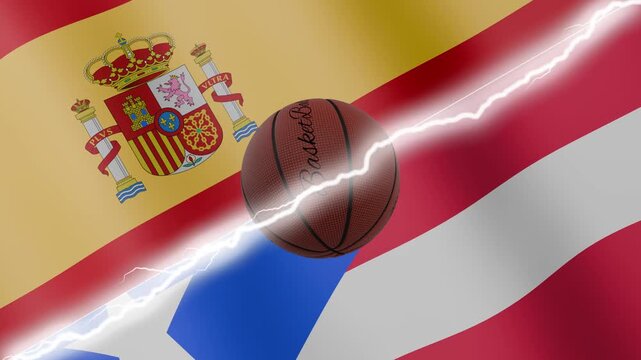 Spinning basketball ball against waving flags Puerto Rico and Spain separated by a diagonal electric effect, seamless 4k loop