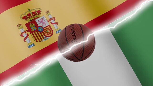 Spinning basketball ball against waving flags Nigeria and Spain separated by a diagonal electric effect, seamless 4k loop