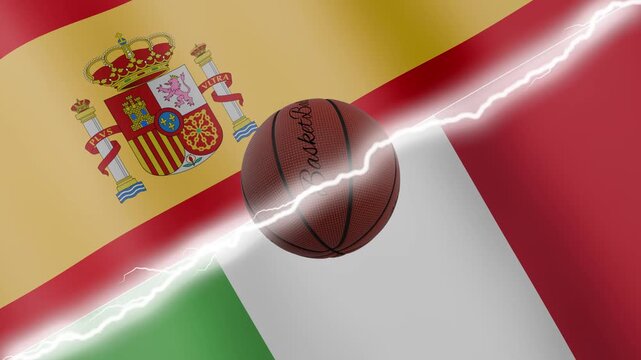 Spinning basketball ball against waving flags Italy and Spain separated by a diagonal electric effect, seamless 4k loop