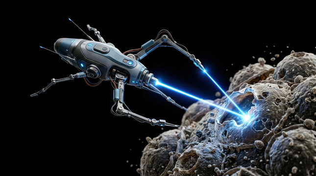 Repairing cell with medical robot laser beam black background microbe tissue science technology healing
