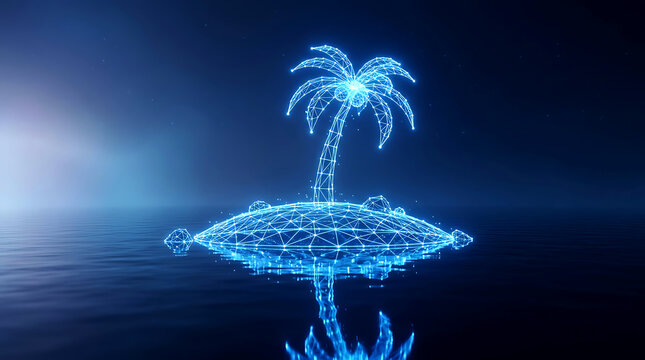 Palm Tree on Island Wireframe 3D glowing blue neon tropical island illustration with reflection on water for vacation, summer getaway, travel agency, and virtual reality concept