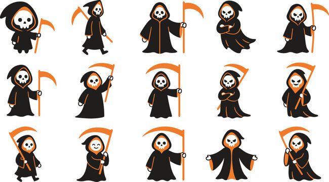 Set of cute chibi grim reaper characters with scythes for your fun halloween party invitations and spooky digital decorations