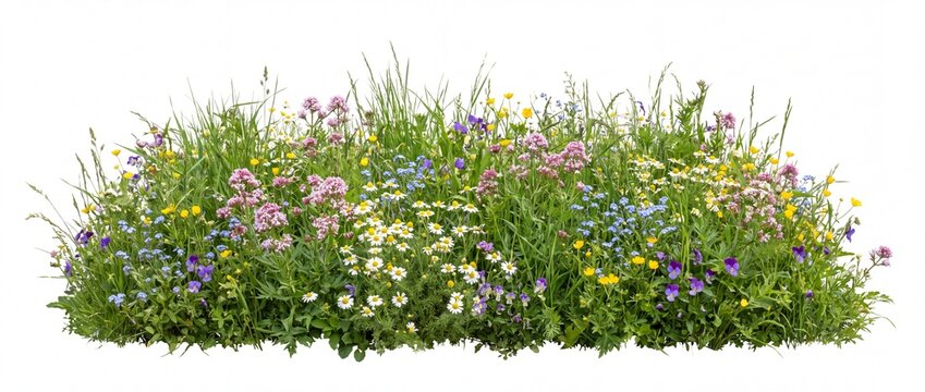 Vibrant wildflower meadow with pink purple yellow and white blossoms on lush green grass with depicts colorful wildflower meadow filled with white flowers amidst
