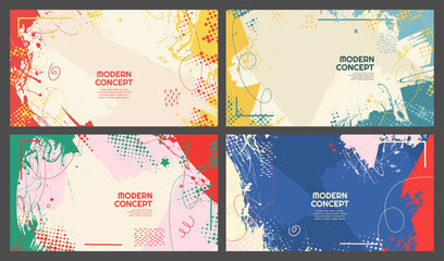 Naklejka na ściany i meble Vector illustration. Paint brush strokes and hand-drawn doodle elements. Trendy abstract color design for presentation template, web banner, advertising. Bright background in colorful childish style.