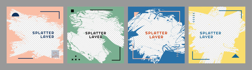 Vector illustration. Abstract colorful square overlay set with geometric elements. Paint brush stroke layers with linear frame. Design for social media banner, web template, advertising, marketing © VVadi4ka