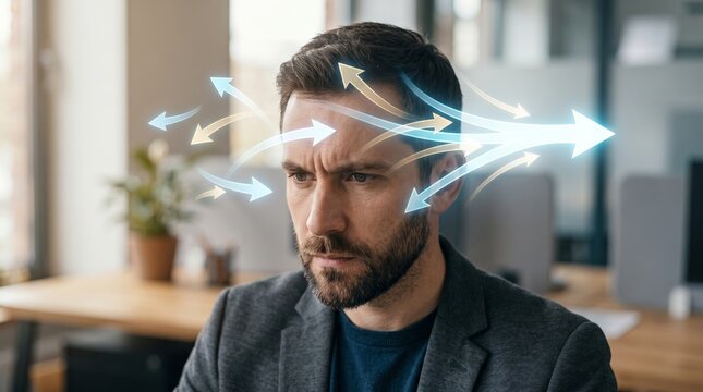 Man thinking with glowing digital arrows emanating from his head. Creative brainstorm and strategy development. Idea visualization, mental focus, problem solving and cognitive innovation concept.