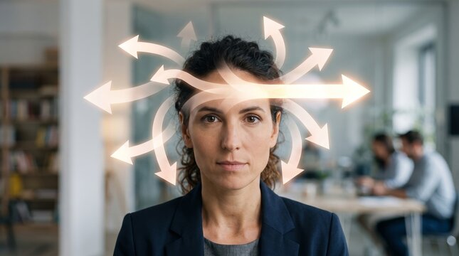 Woman thinking with glowing arrows pointing in different directions. Businesswoman making difficult career decision. Complex problem solving, strategy, choice and creative vision concept.
