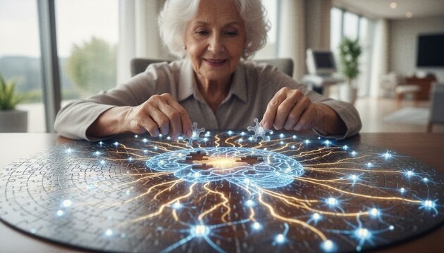 Senior woman connecting pieces of glowing digital brain puzzle. Concept of cognitive health, mental sharpness and memory improvement in elderly. Innovative neurology and brain research.