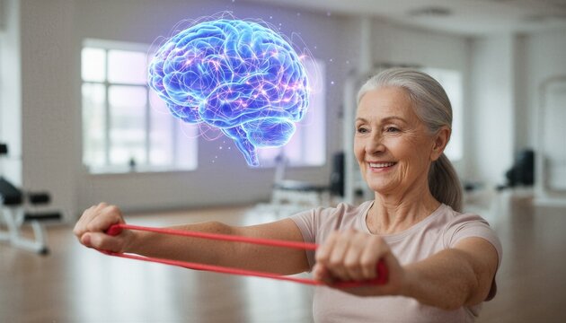 Senior woman exercising with resistance band. Concept of mental health and cognitive function improvement through physical activity. Brain glowing icon for neurological wellness and healthcare.