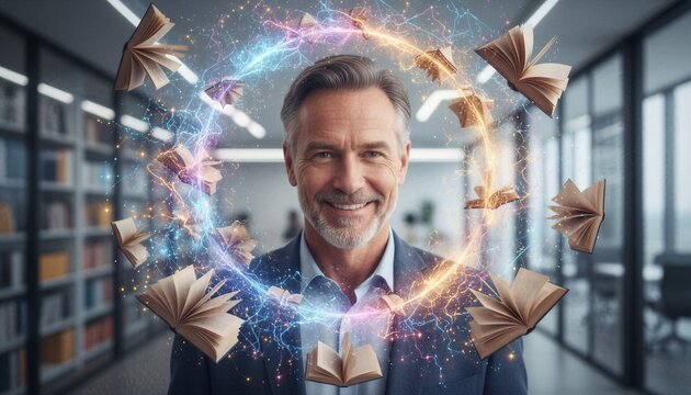 Man surrounded by floating book. Education concept with magical sparks and digital energy circle. Knowledge, learning and innovation in library. Businessman exploring intellectual wisdom.