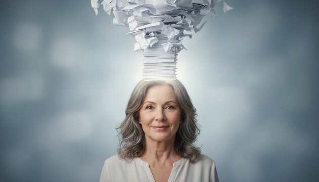 Woman with a large stack of paperwork and documents balancing on her head. Concept of office stress, workload, multitasking, deadlines and information overload in business environment.