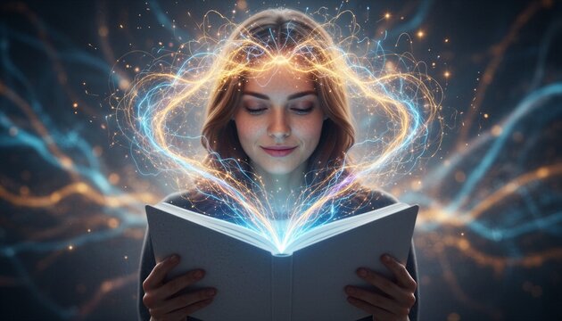 Woman reading magic book with glowing energy particles rising. Fantasy concept of imagination and knowledge. Digital illustration of magical learning, wisdom, and creative inspiration.