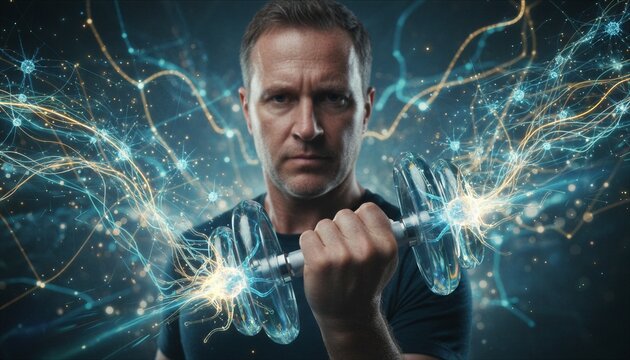 Man lifting digital dumbbell with glowing neural network connection. Concept of biohacking and brain training body enhancement. Future technology for human power and cognitive performance.
