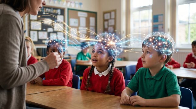 Teacher and student in classroom with glowing holographic brain above head. Learning process and cognitive development concept. Digital educational technology and future school innovation.